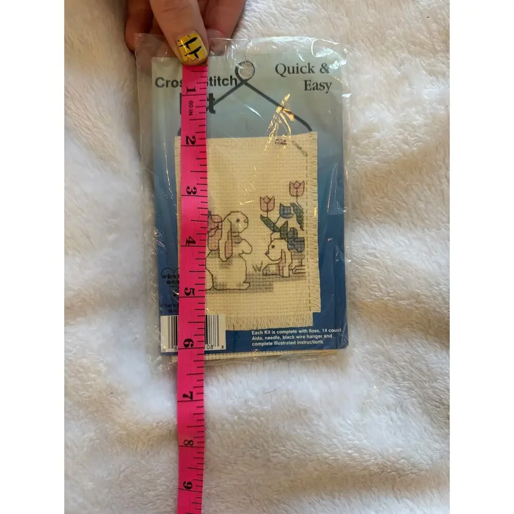 Vintage Quick & Easy Cross Stitch Kit Bunnies Rabbits Flowers Wall Hanging NOS